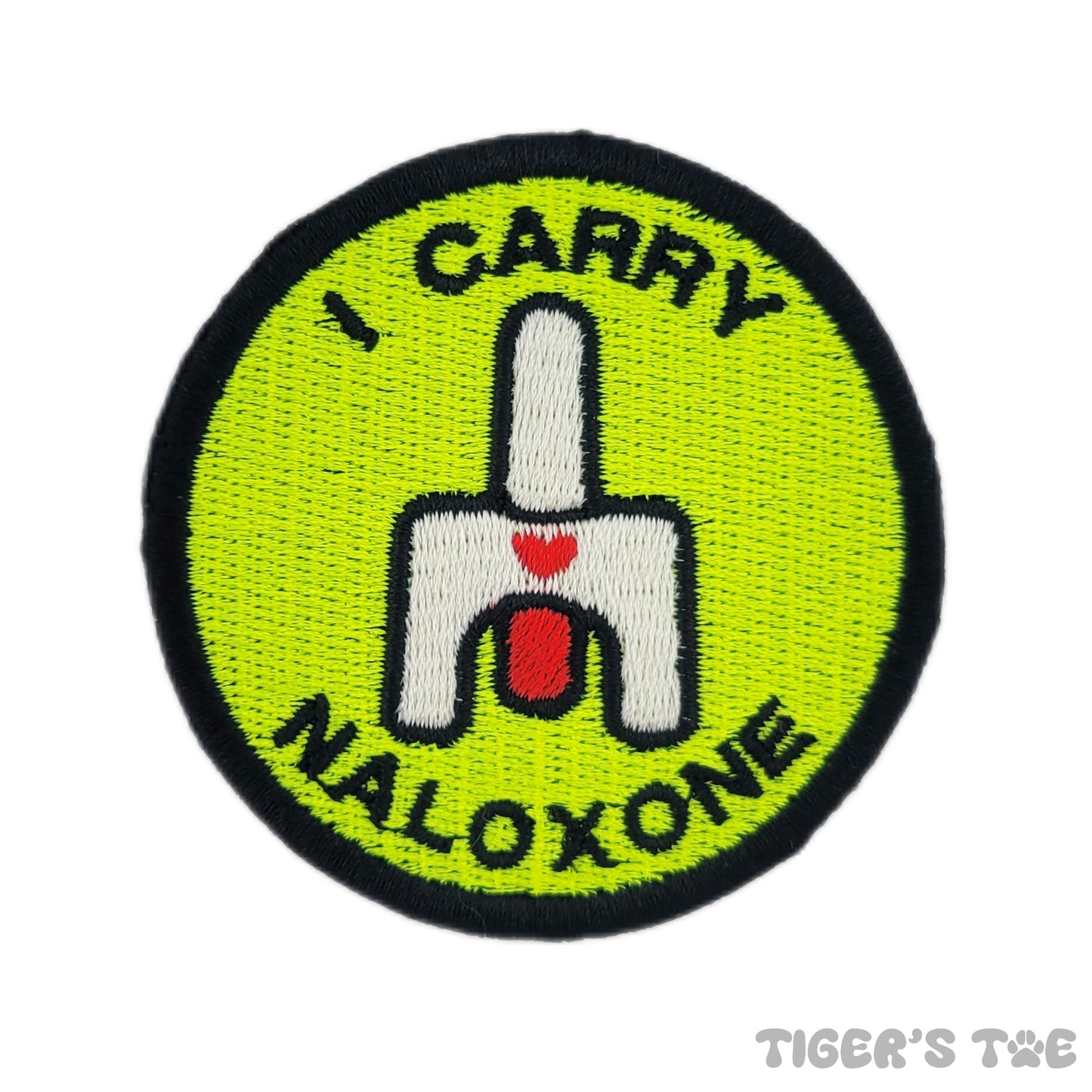 A neon yellow embroidered patch with the text 'I CARRY NALOXONE' and a graphic of nasal spray.