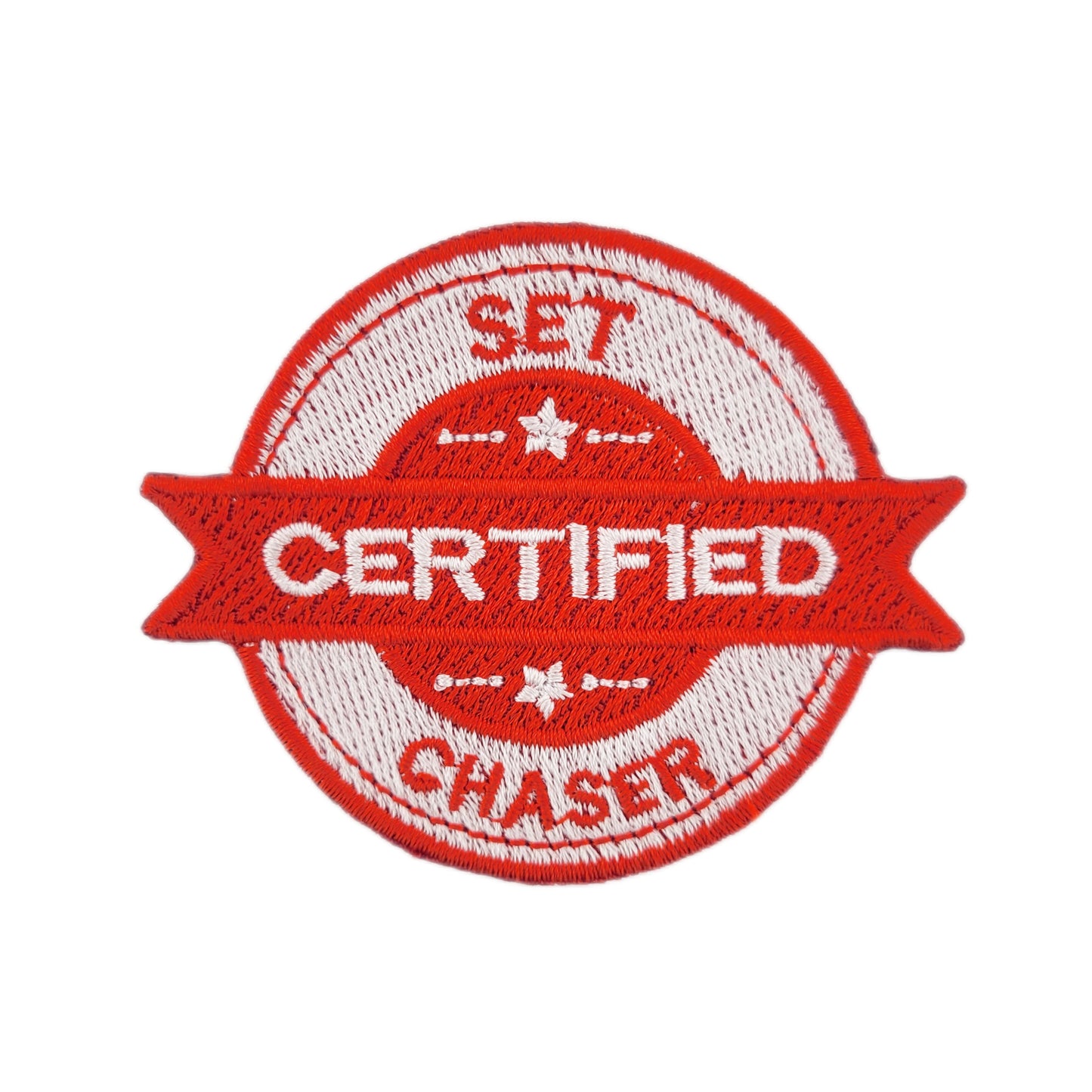 Embroidered patch with 'Certified Set Chaser' text on a white background