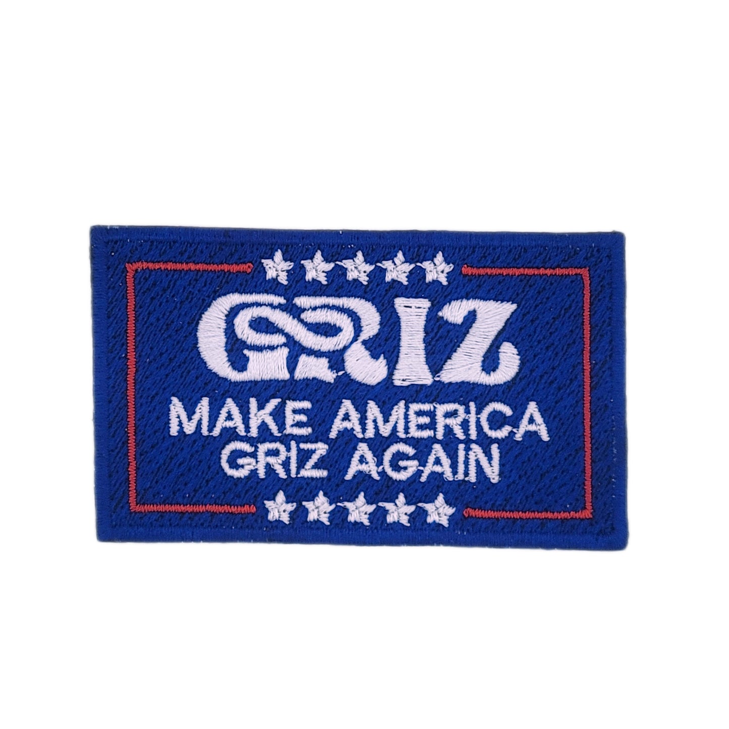 "Make America Griz Again" embroidered patch featuring parody text in patriotic colors. EDM-themed parody design for hats, jackets, or bags and more.