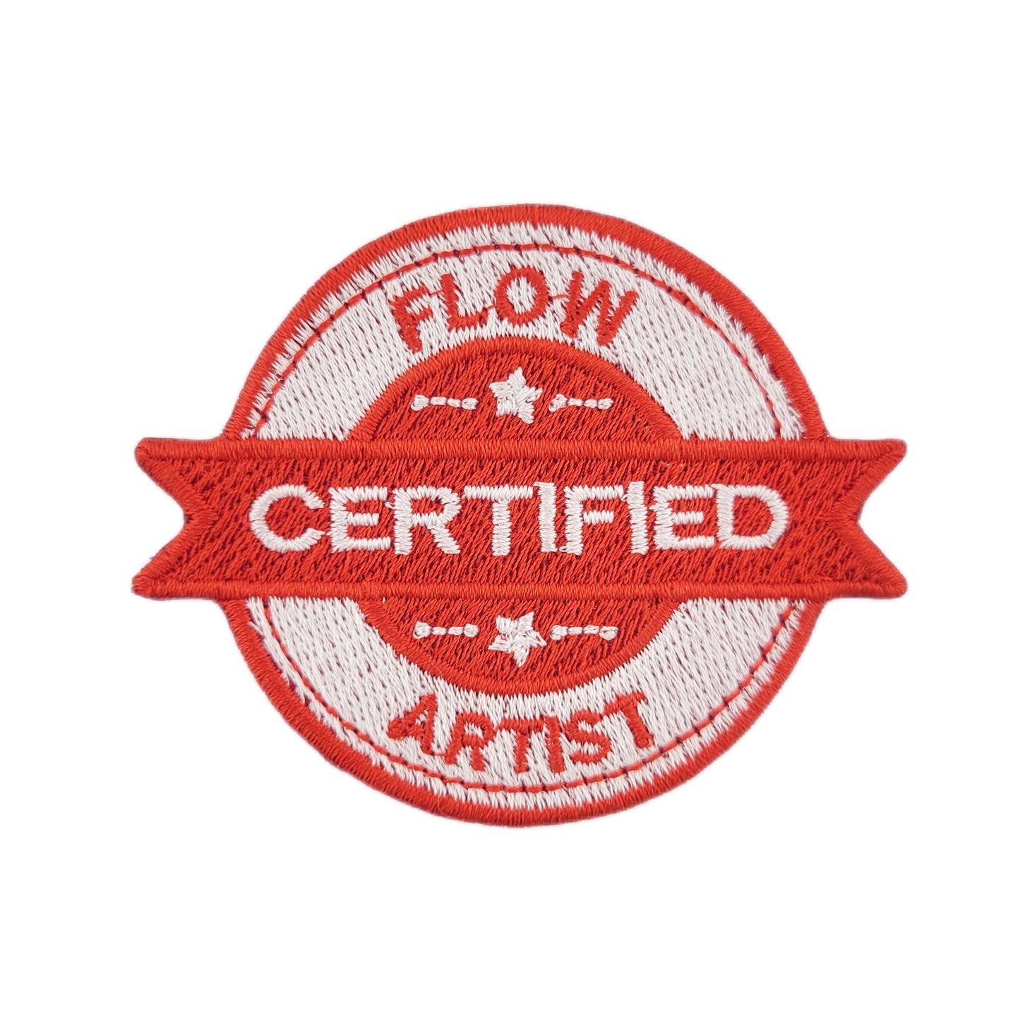 Red and white patch with 'Certified Flow Artist' text on a white background