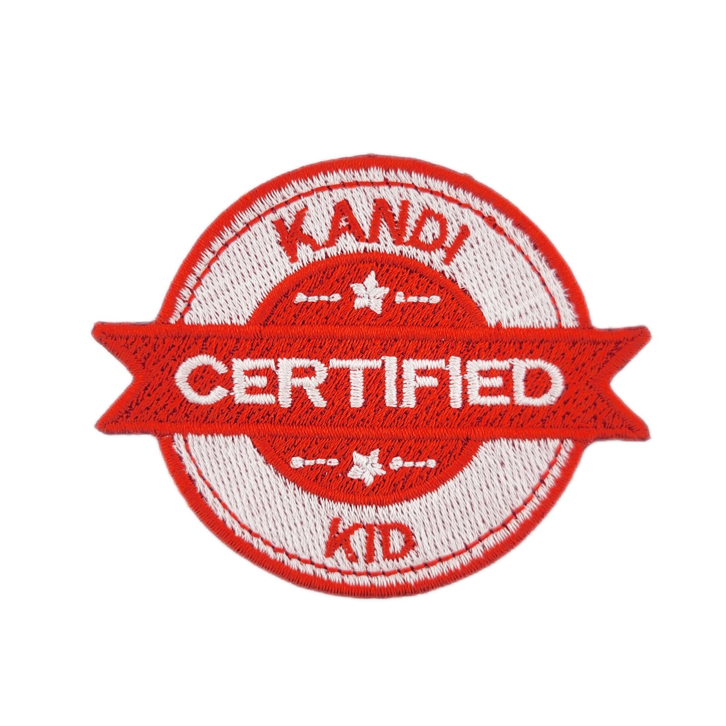 Red and white 'Certified Kandi Kid' patch on a white background