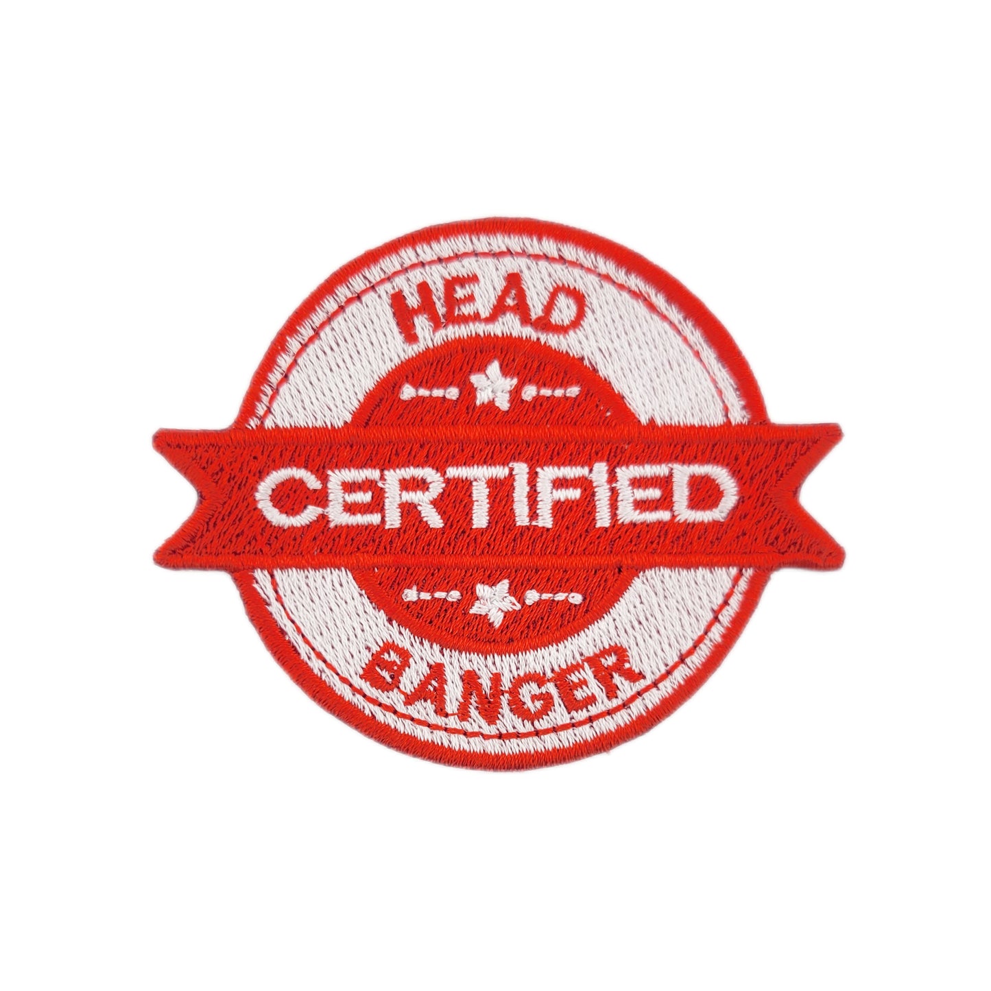 Red and white patch with 'Certified Head Banger' text on a white background