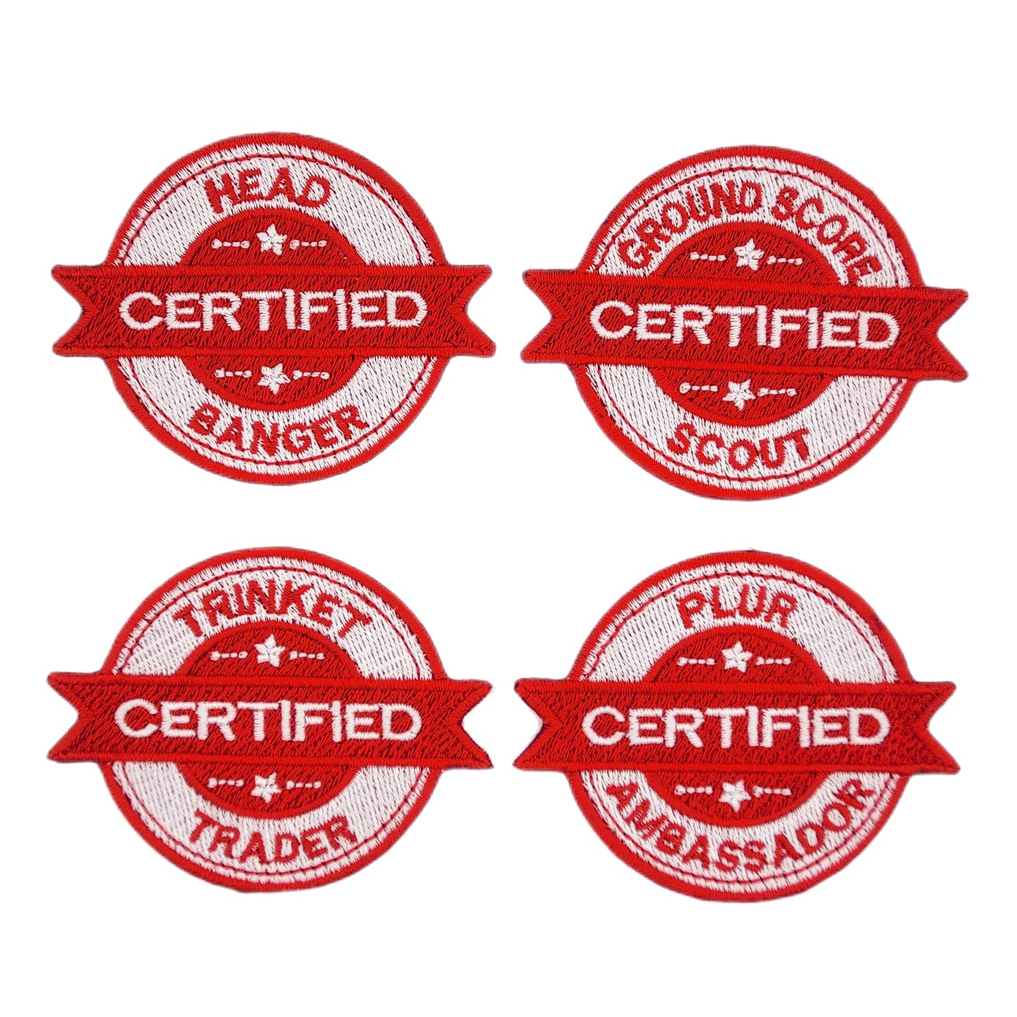 Four red and white embroidered patches with 'Certified' rave text on a white background