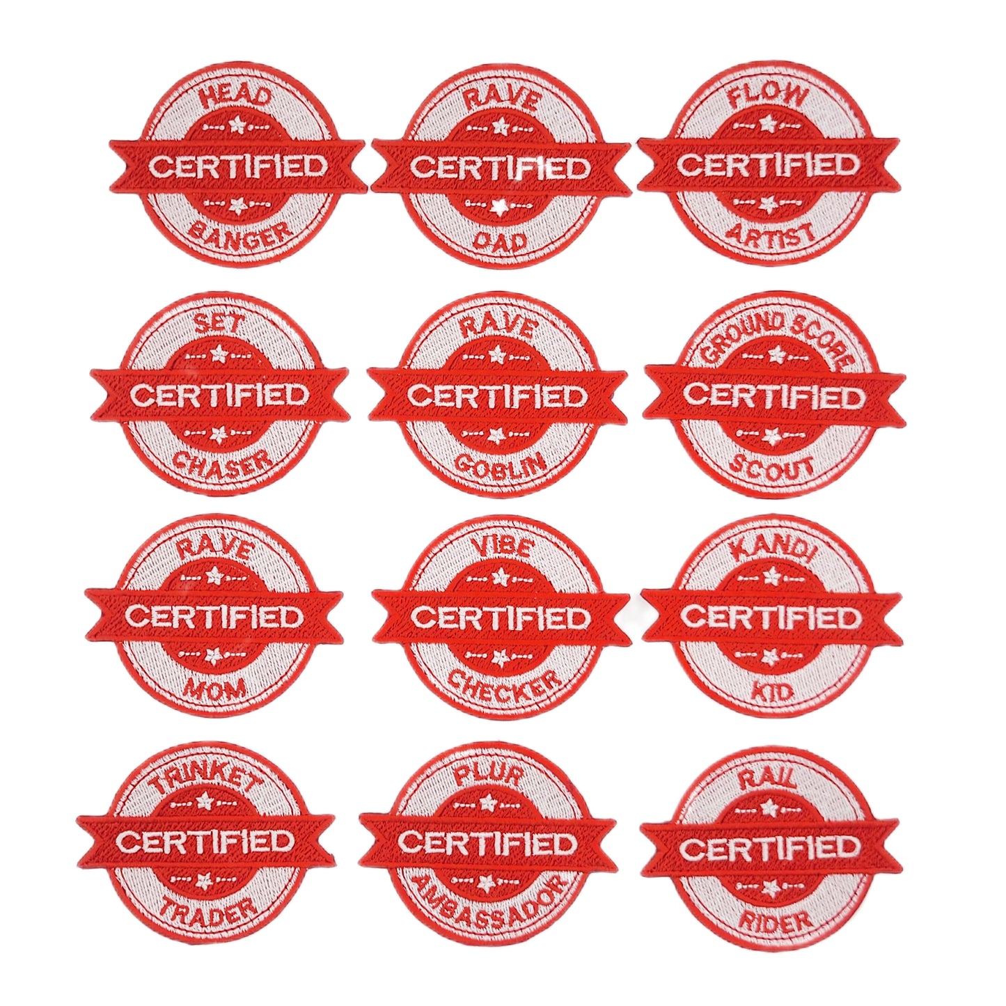 Twelve red and white embroidered patches with 'Certified' rave text on a white background