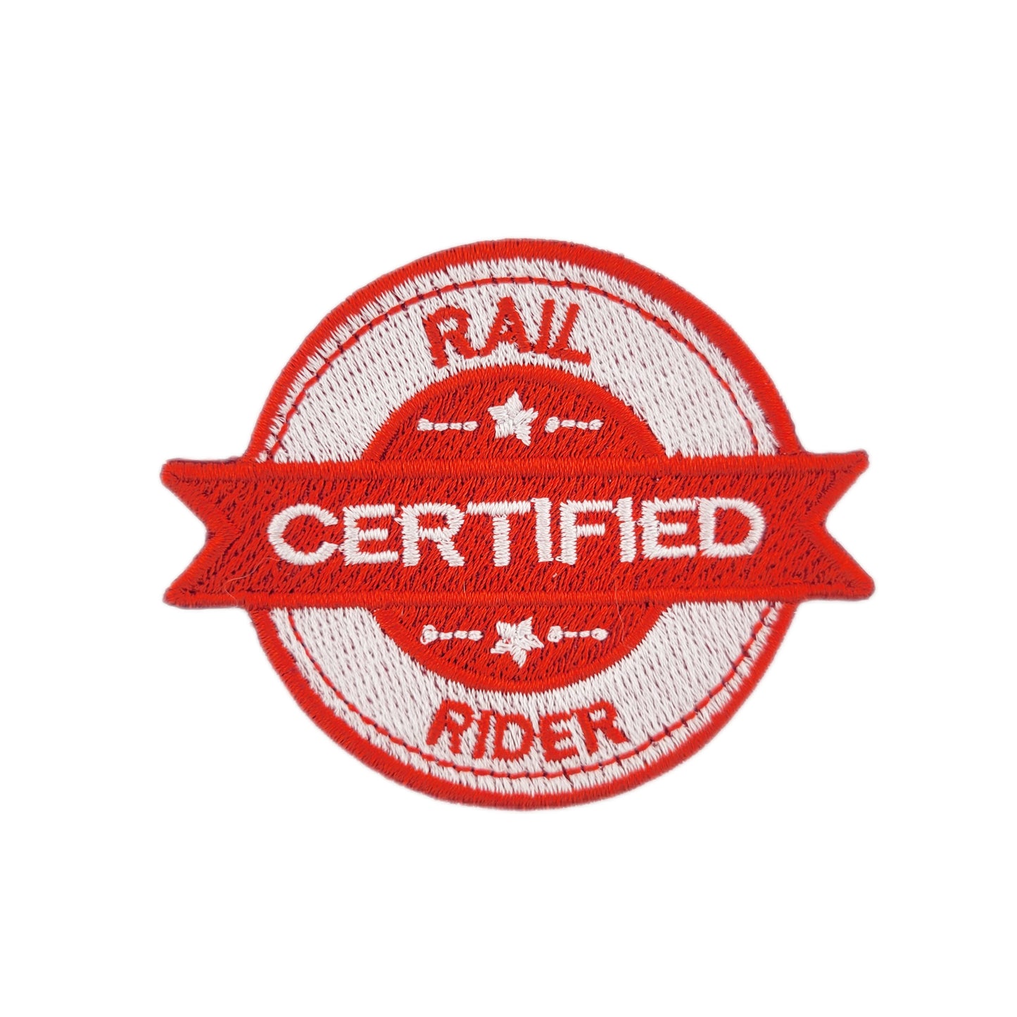 Red and white 'Certified Rail Rider' patch on a white background