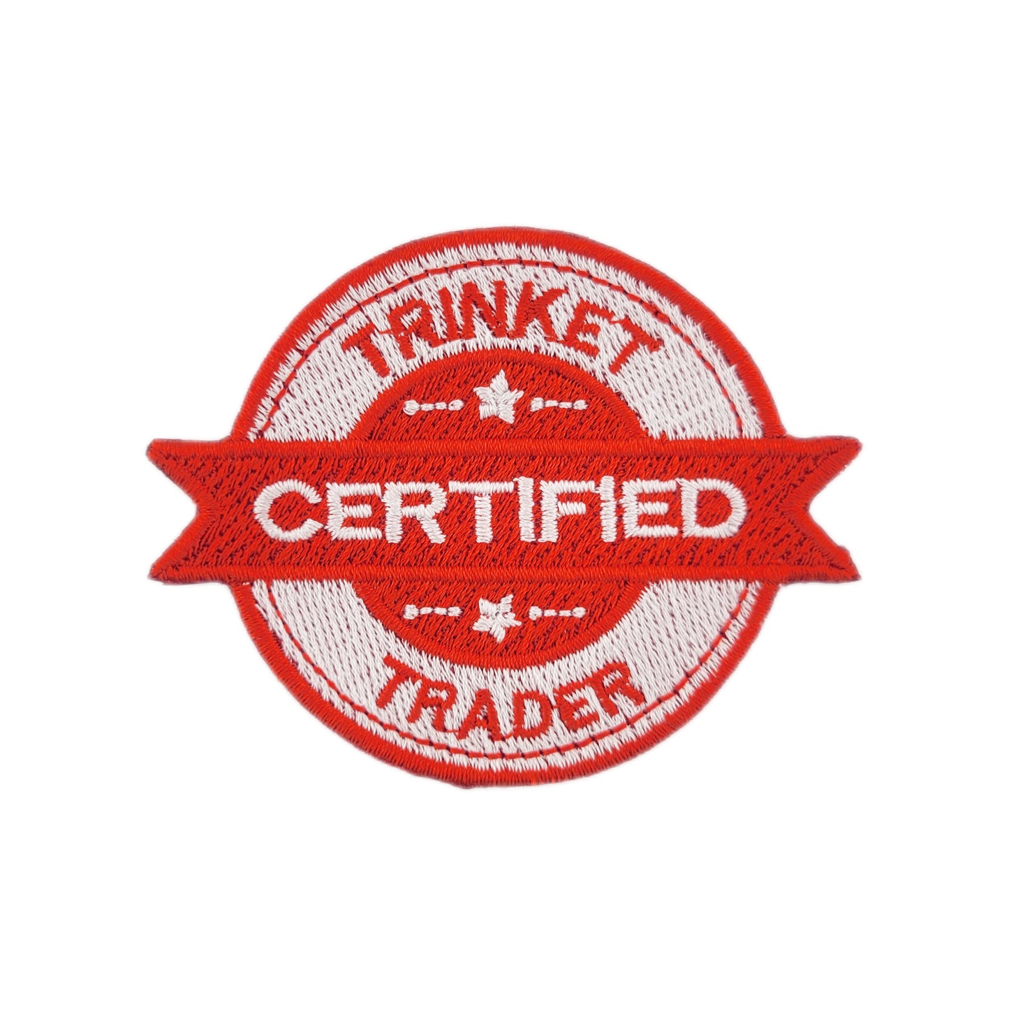 Red and white patch with 'Certified Trinket Trader' text on a white background