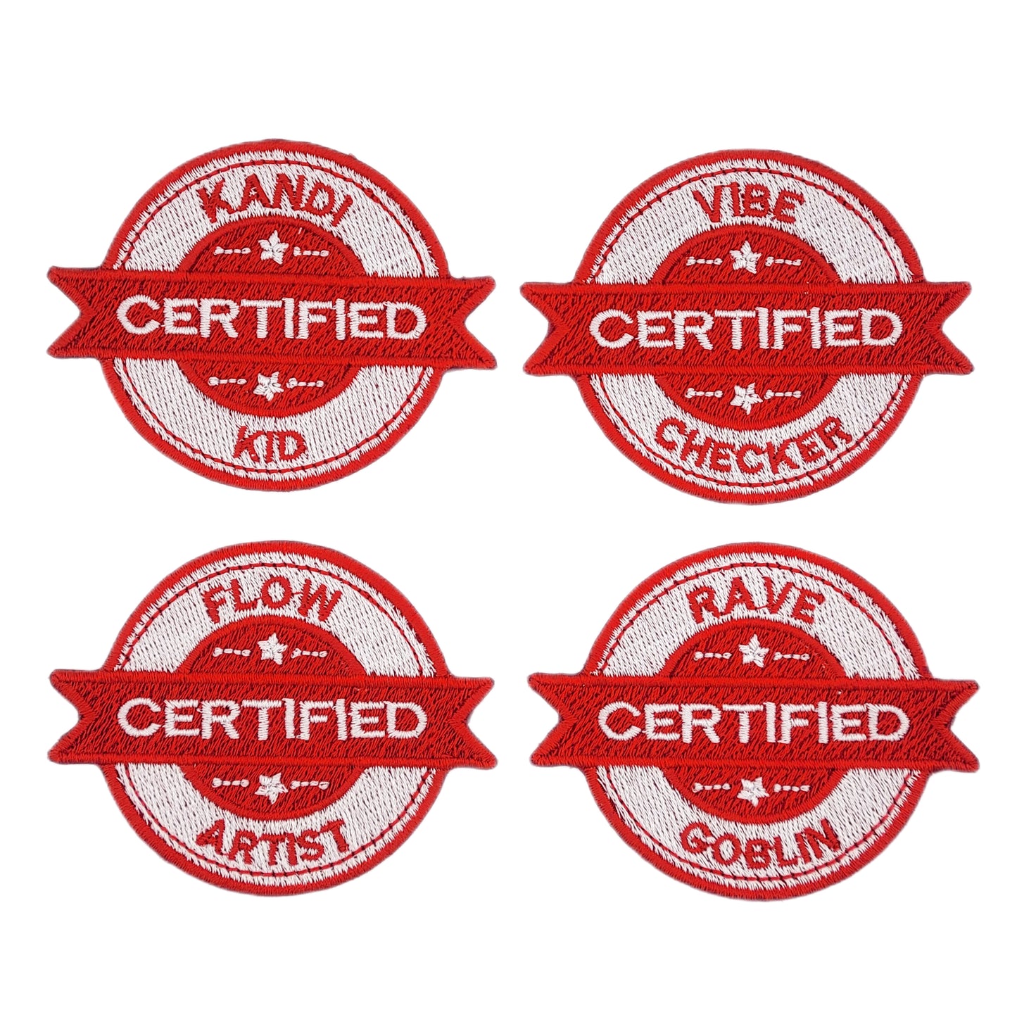 Four red and white embroidered patches with 'Certified' rave text on a white background