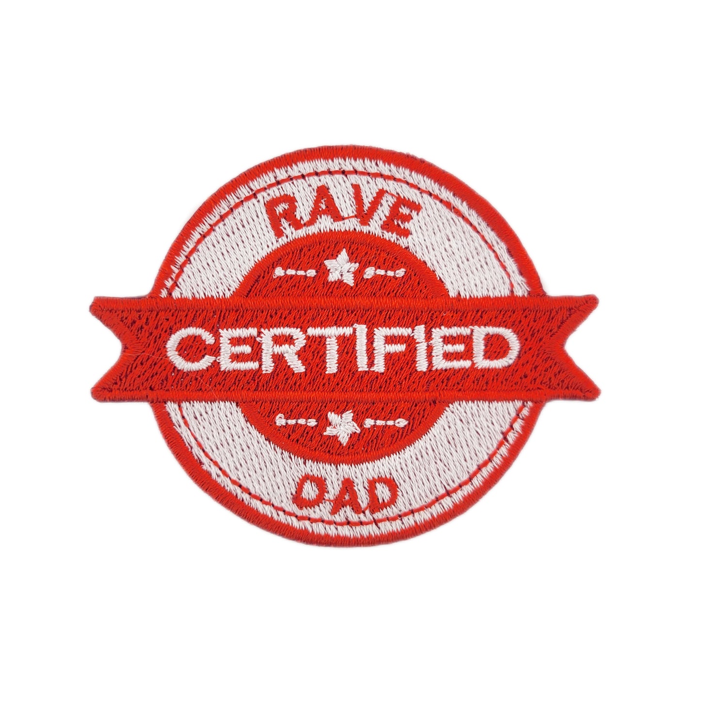 Red and white patch with 'Certified Rave Dad' text on a white background
