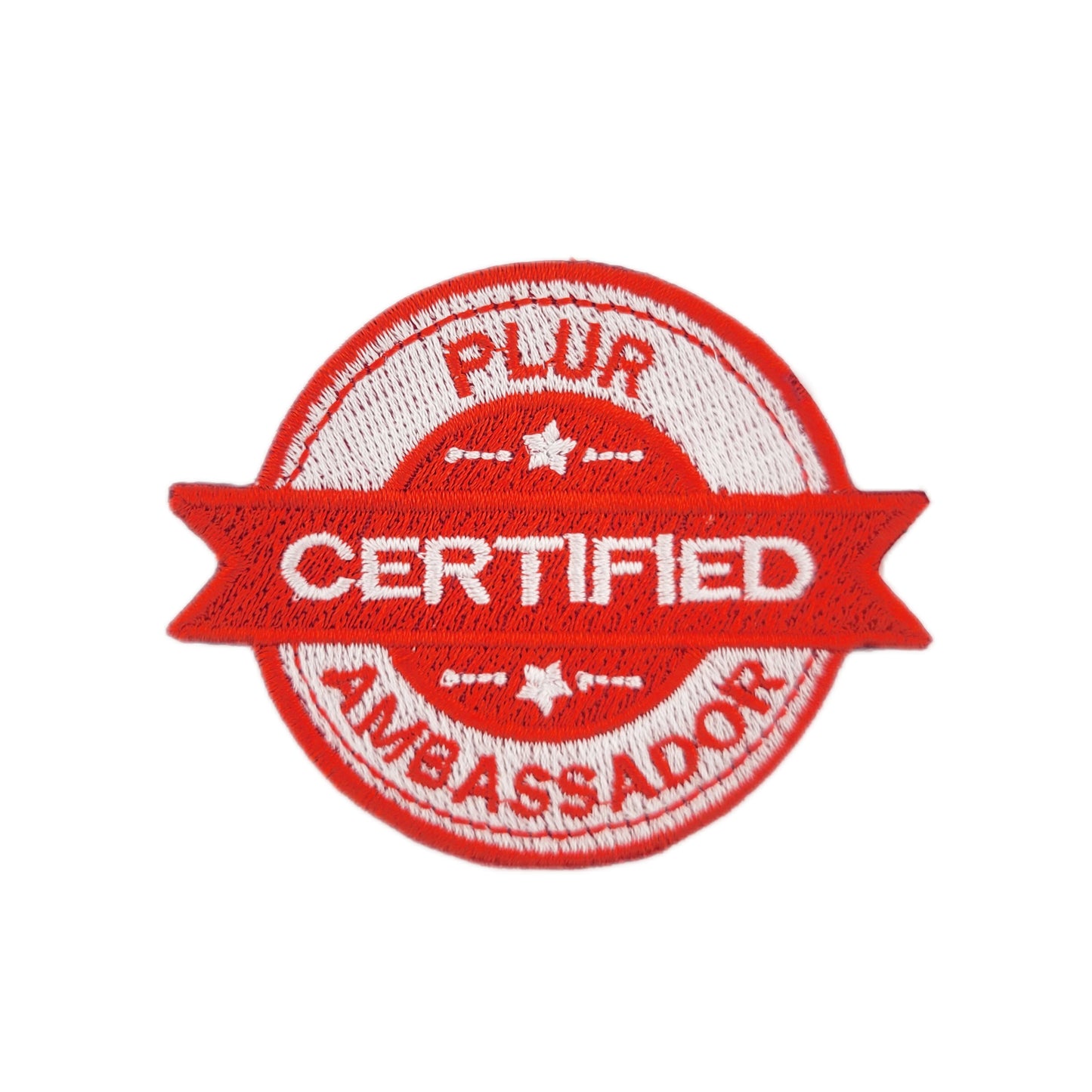 Red and white patch with 'Certified PLUR Ambassador' text on a white background