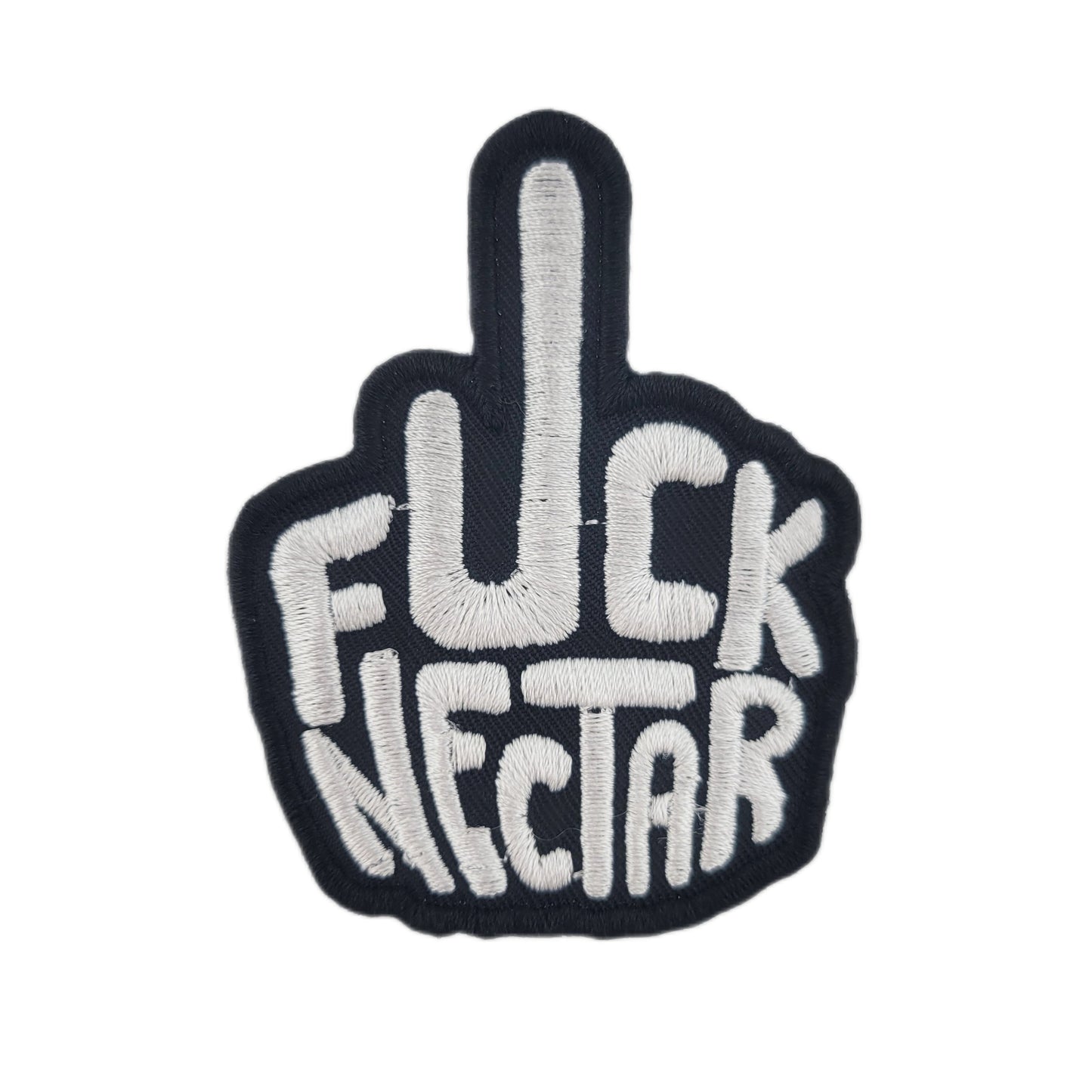 Embroidered patch with 'Fuck Nectar' text on a white background