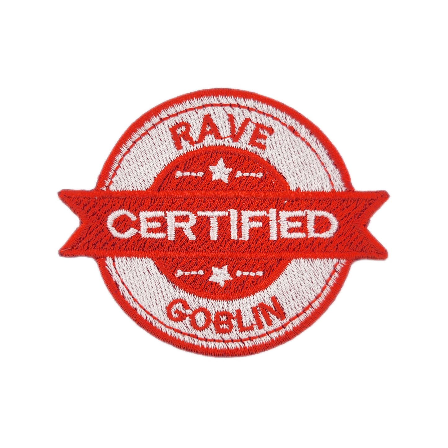 Red and white patch with 'Certified Rave Goblin' text on a white background