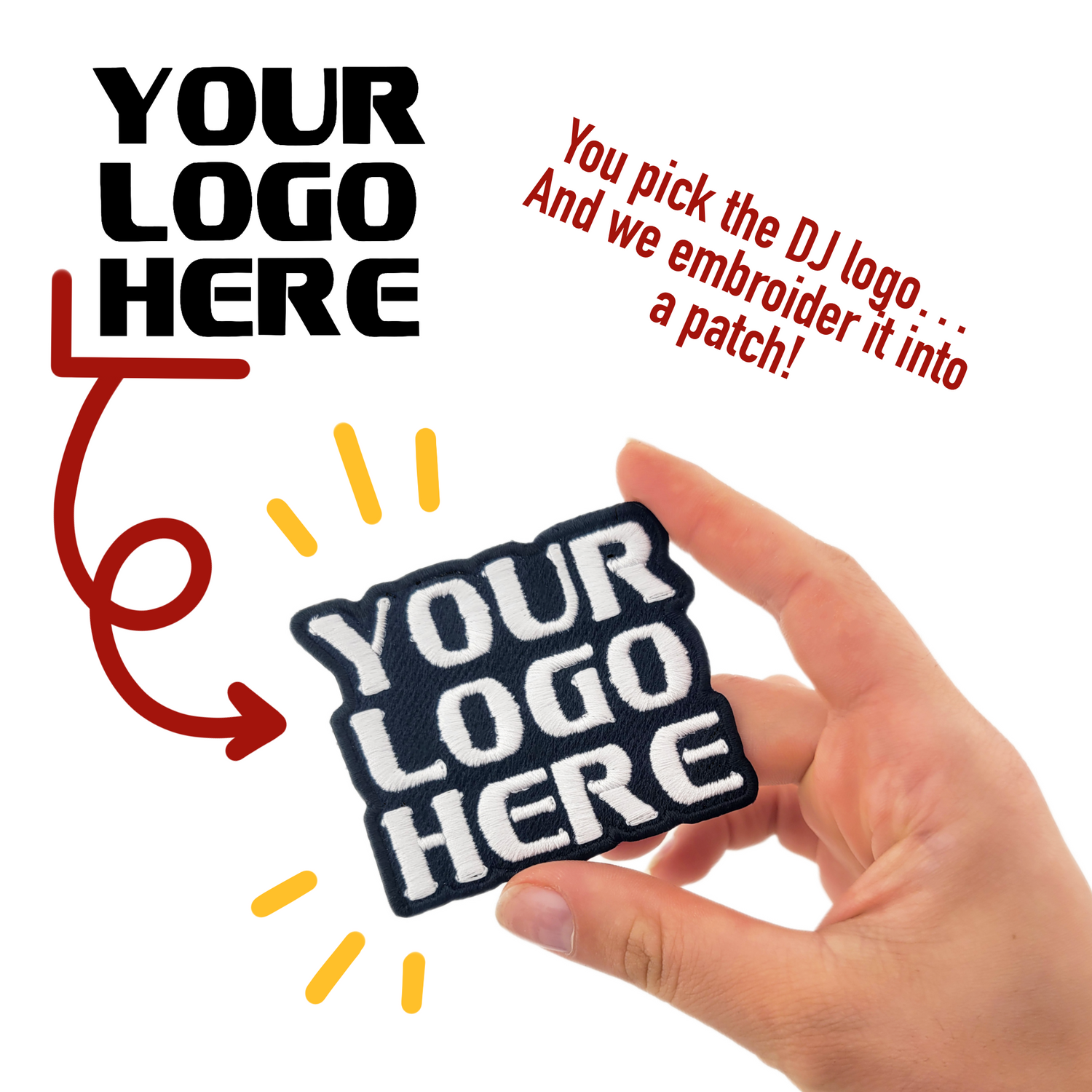 Hand holding a embroidered patch with text 'Your logo here' and promotional text about custom embroidery services.