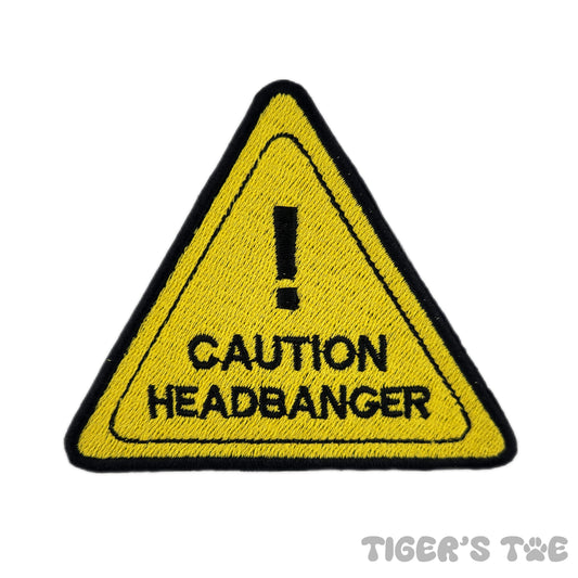 JUMBO Caution Headbanger Embroidered Patch | Iron-On / Sew-On / Velcro Stash Patch