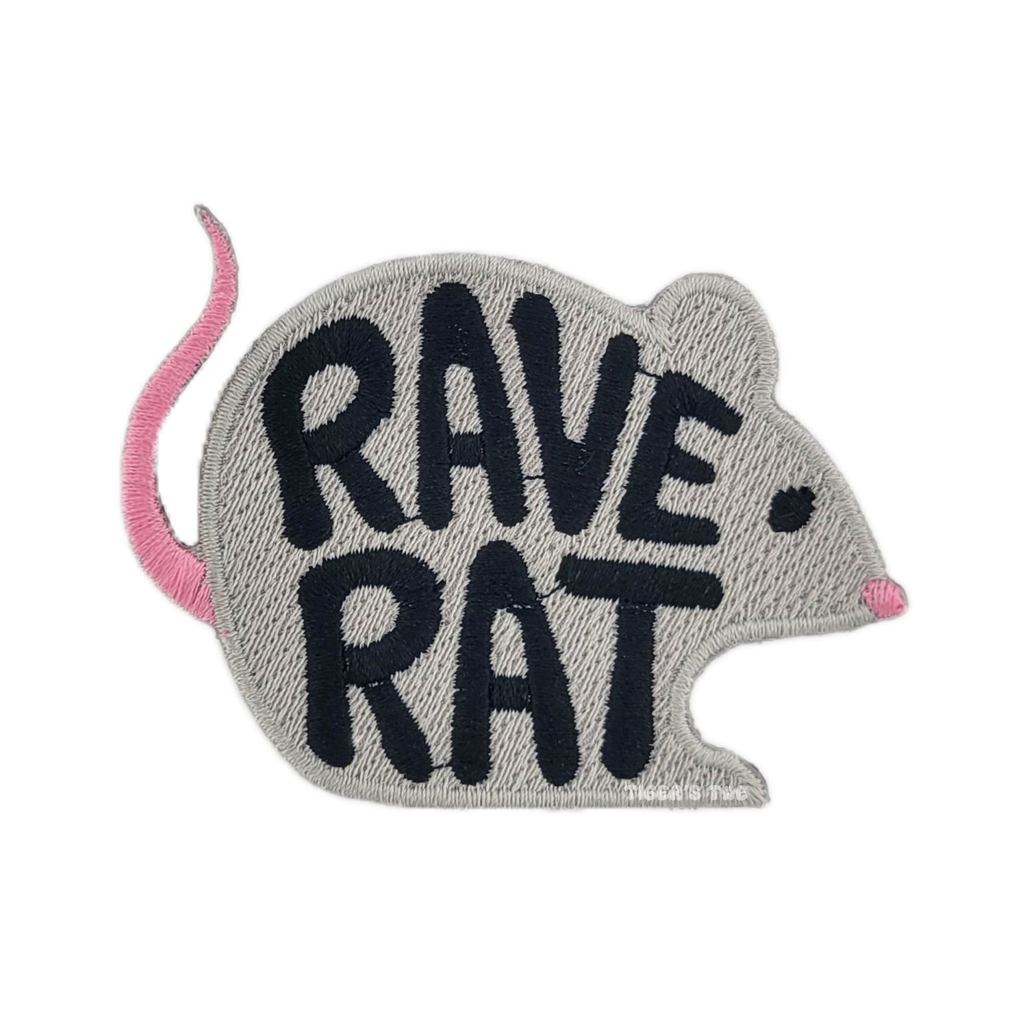 Gray patch shaped like a rat with 'RAVE RAT' text on a white background