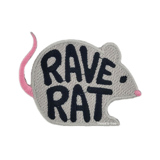 Gray patch shaped like a rat with 'RAVE RAT' text on a white background