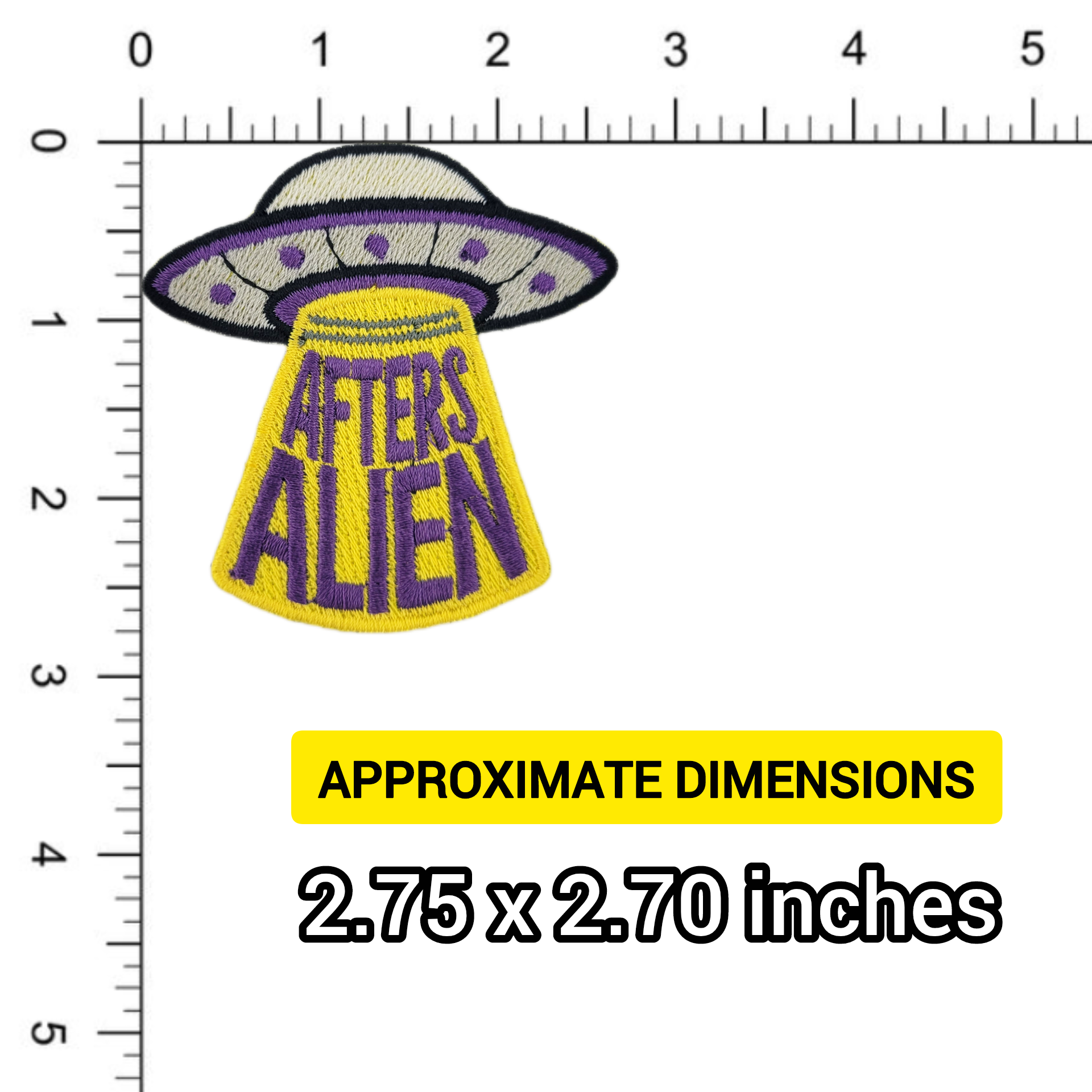UFO patch with 'AFTER ALIEN' text on a ruler for size reference