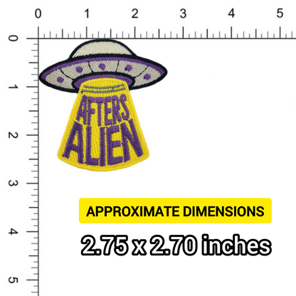 UFO patch with 'AFTER ALIEN' text on a ruler for size reference