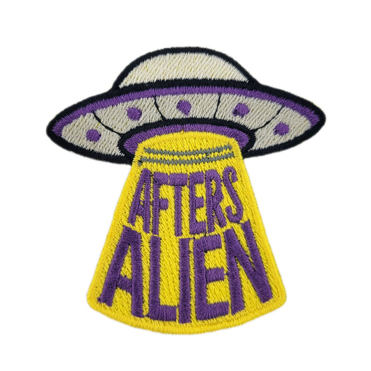 Embroidered patch with a UFO design and 'Afters Alien' text on a white background