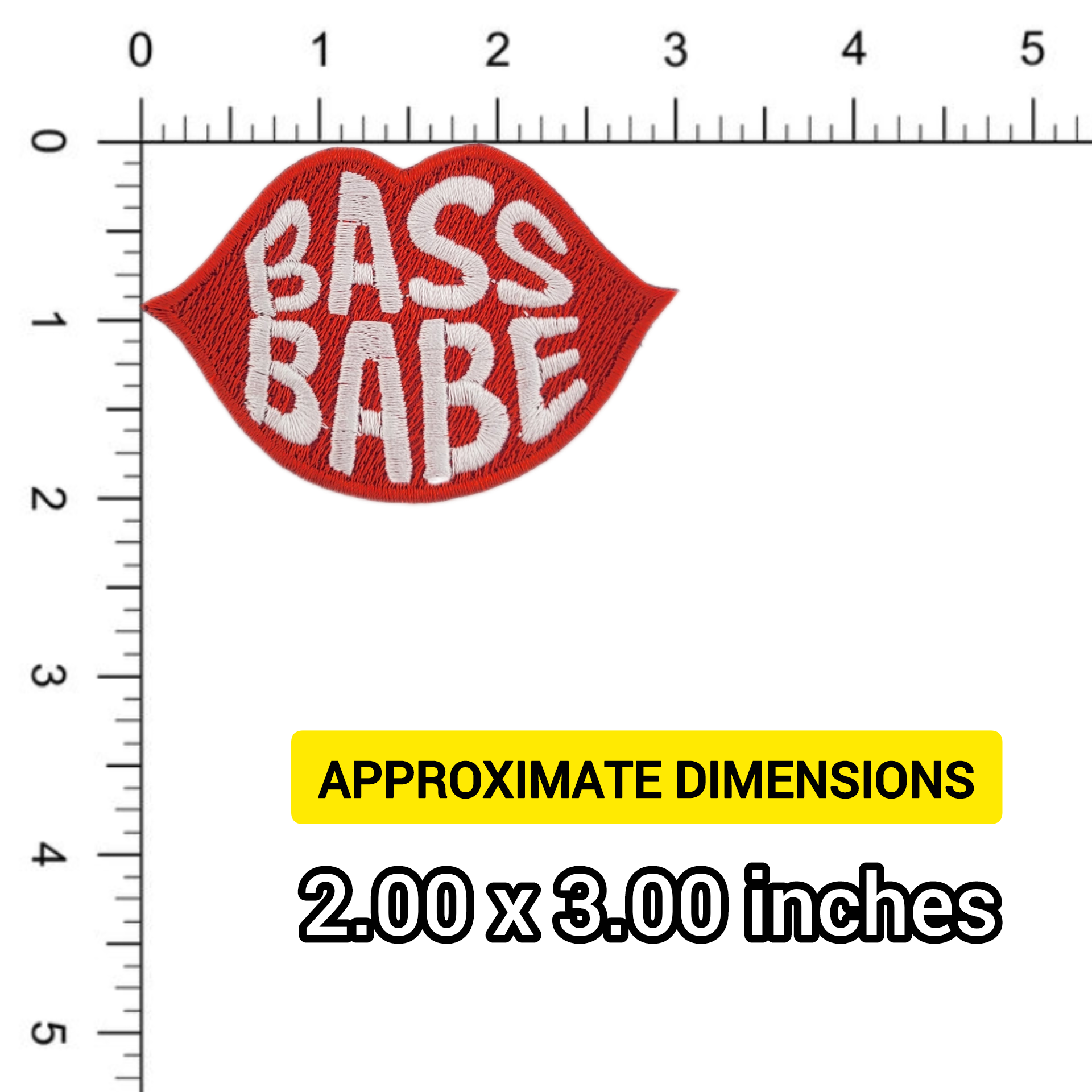 Embroidered patch with 'BASS BABE' text on red lips design, shown with a ruler for scale.