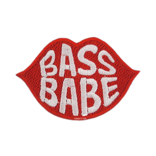 Embroidered patch with red lips and 'BASS BABE' text on a white background