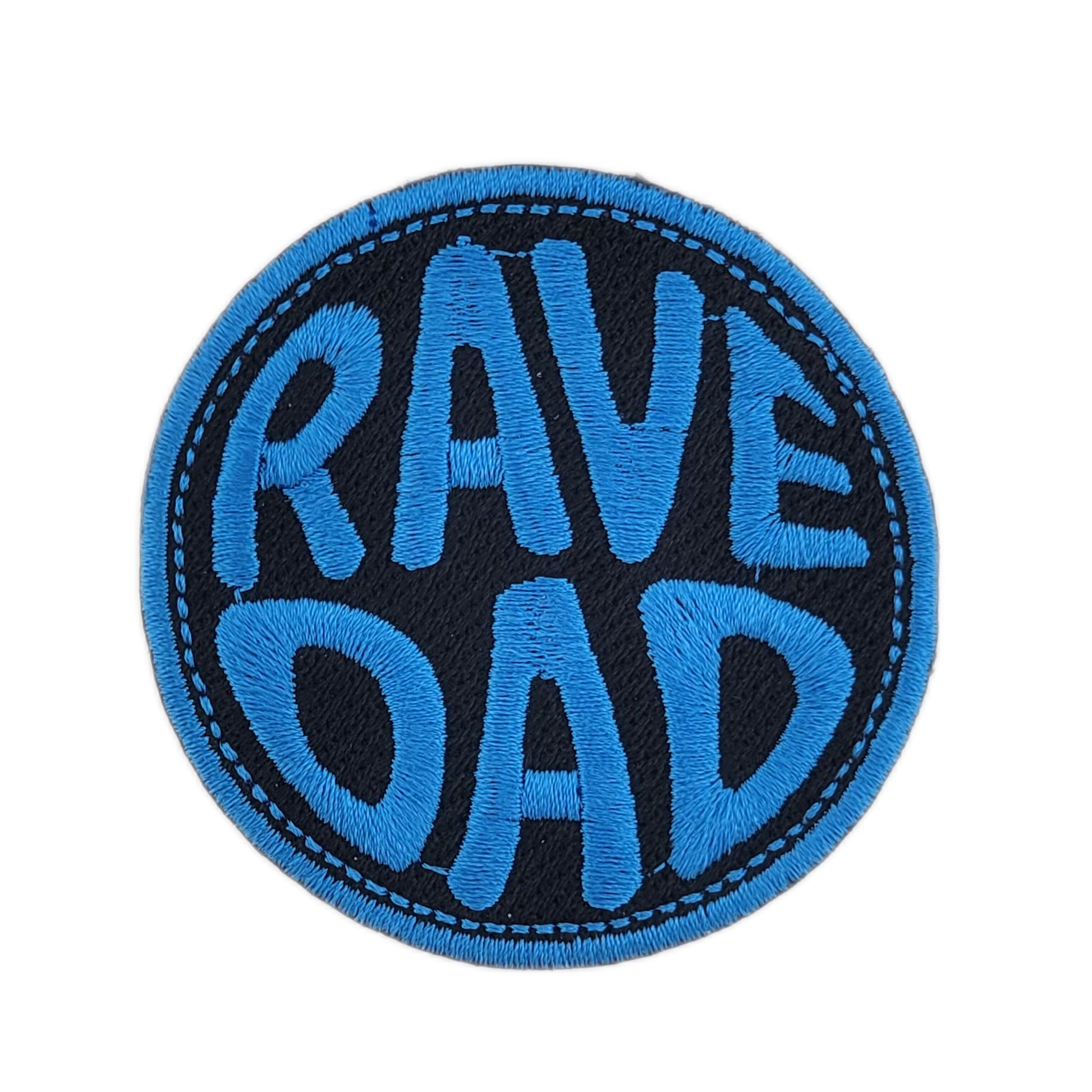 Round patch with 'RAVE DAD' text in blue on a black background