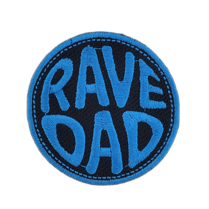 Round patch with 'RAVE DAD' text in blue on a black background