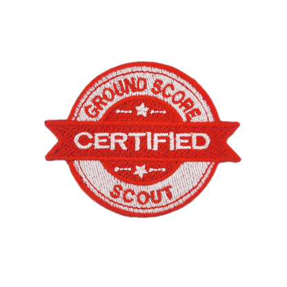 Red and white 'Certified ground score scout' patch on a white background