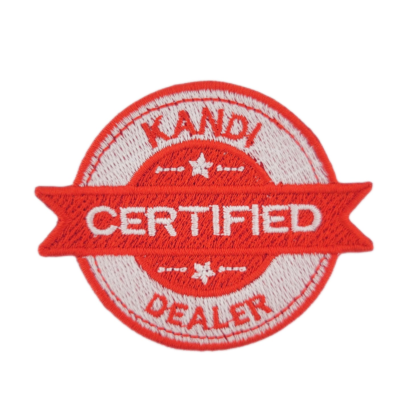 Red and white patch with 'CERTIFIED KANDI DEALER' text on a white background