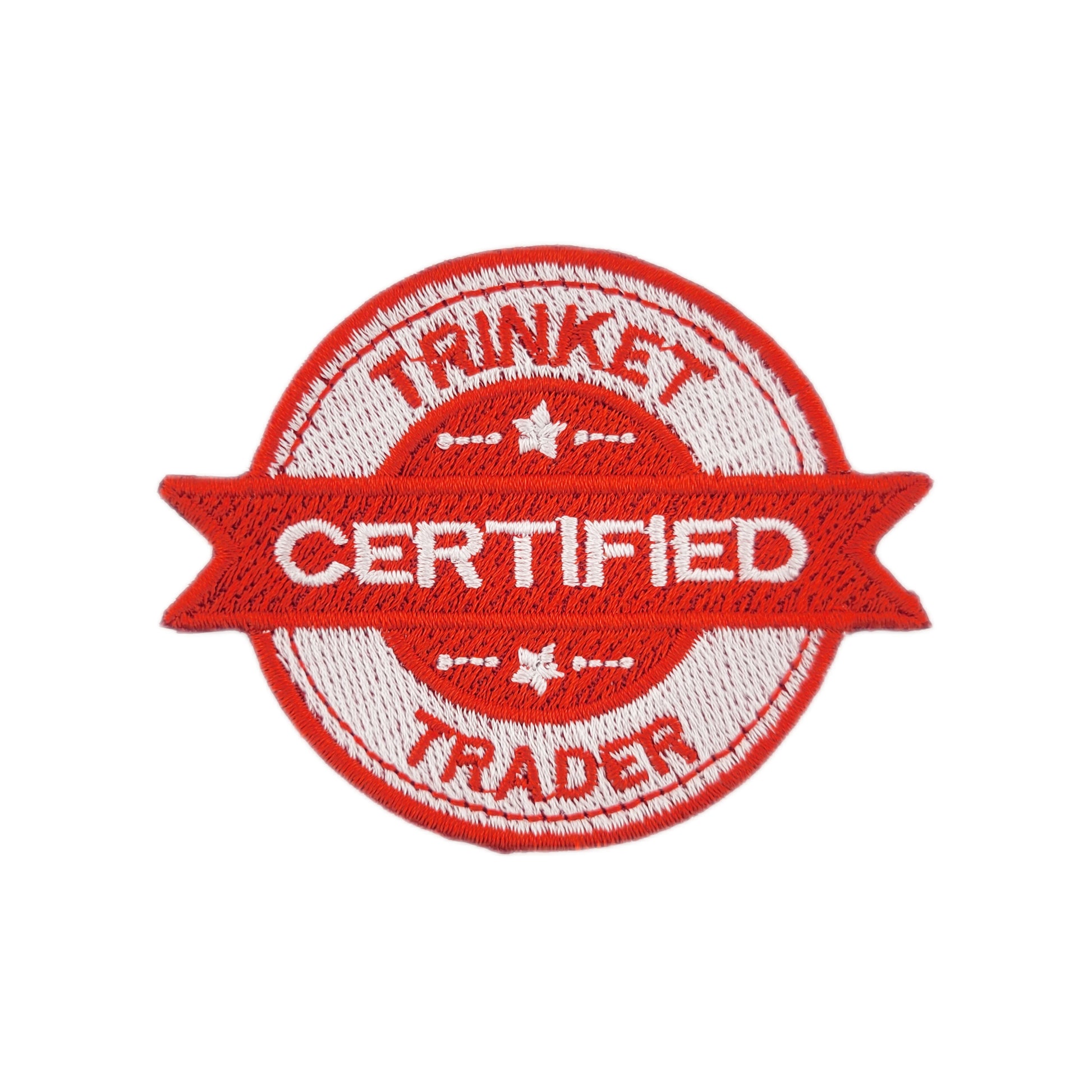 Red and white patch with 'Certified Trinket Trader' text on a white background
