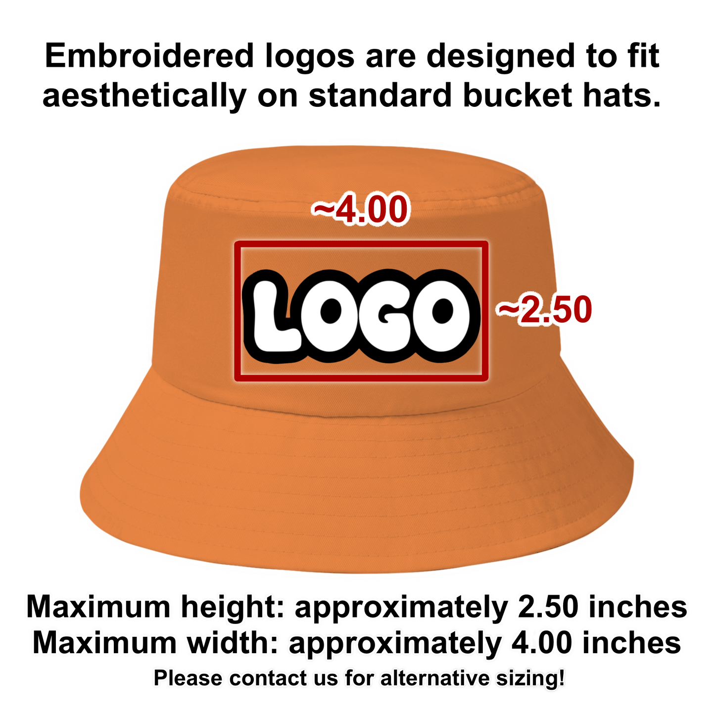 Orange bucket hat demonstrating embroidered patch sizes