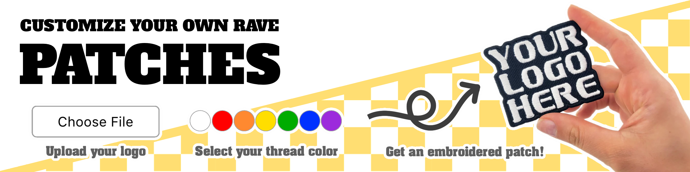 Custom patch creation banner with a hand holding a patch labeled 'Your Logo Here' on a checkered background.