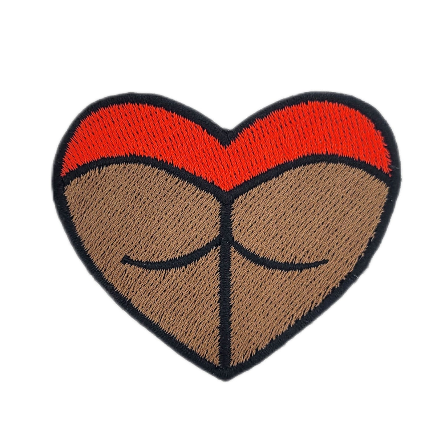 Heart-shaped rave booty embroidered patch, with red bottoms and a dark skin tone.