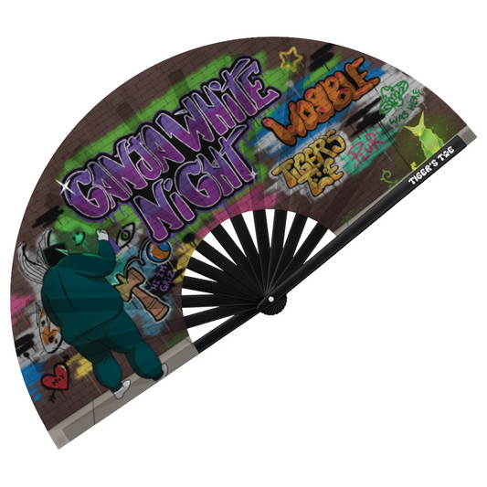 Graffiti-style fan with colorful text and a character design on a white background