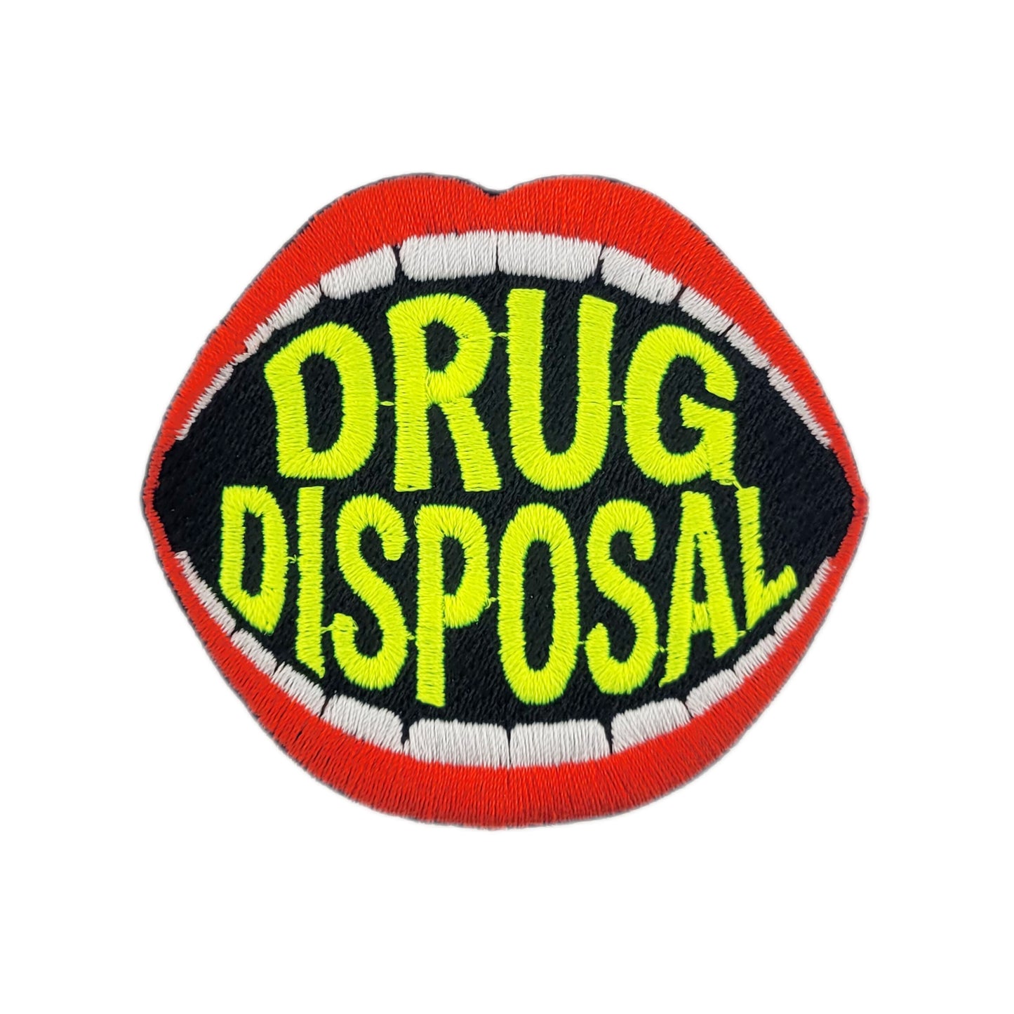 Patch of a mouth with red lips and yellow text 'Drug Disposal' on a white background