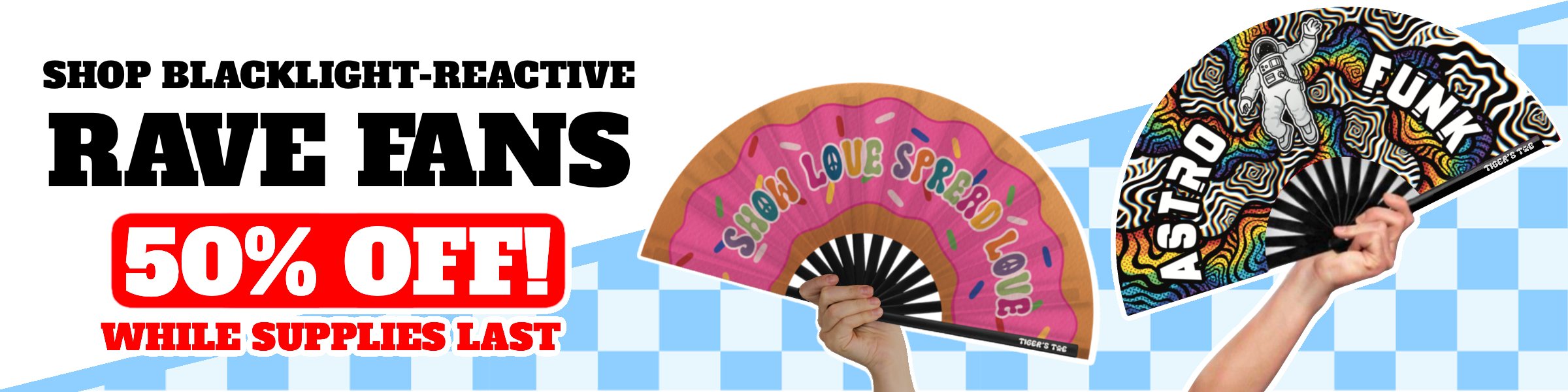 Promotional banner for blacklight-reactive rave fans with 50% off offer.