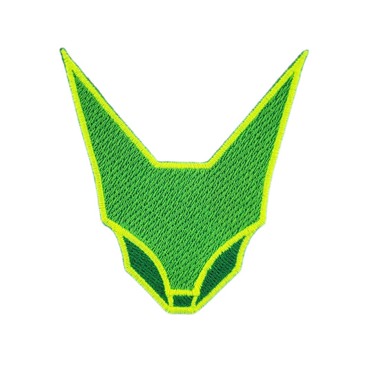 Green geometric abstraction feline face patch, embroidered with blacklight-reactive embroidery thread.