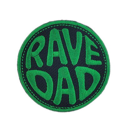 Circular patch with 'RAVE DAD' text in green on a black background