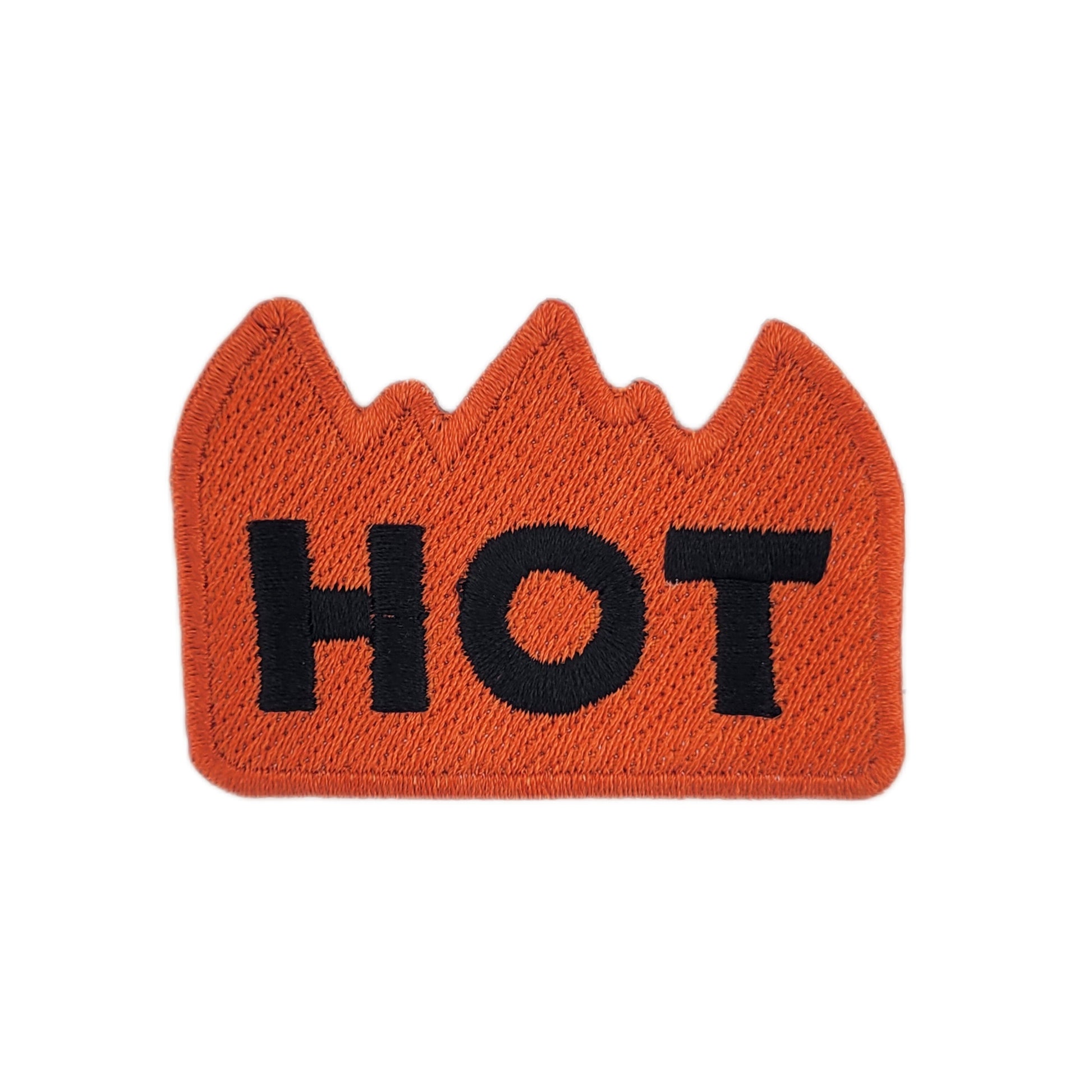 Orange flame-shaped patch with black 'HOT' text on a white background