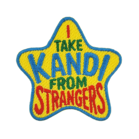 Star-shaped patch with colorful text 'I TAKE KANDI FROM STRANGERS' on a white background