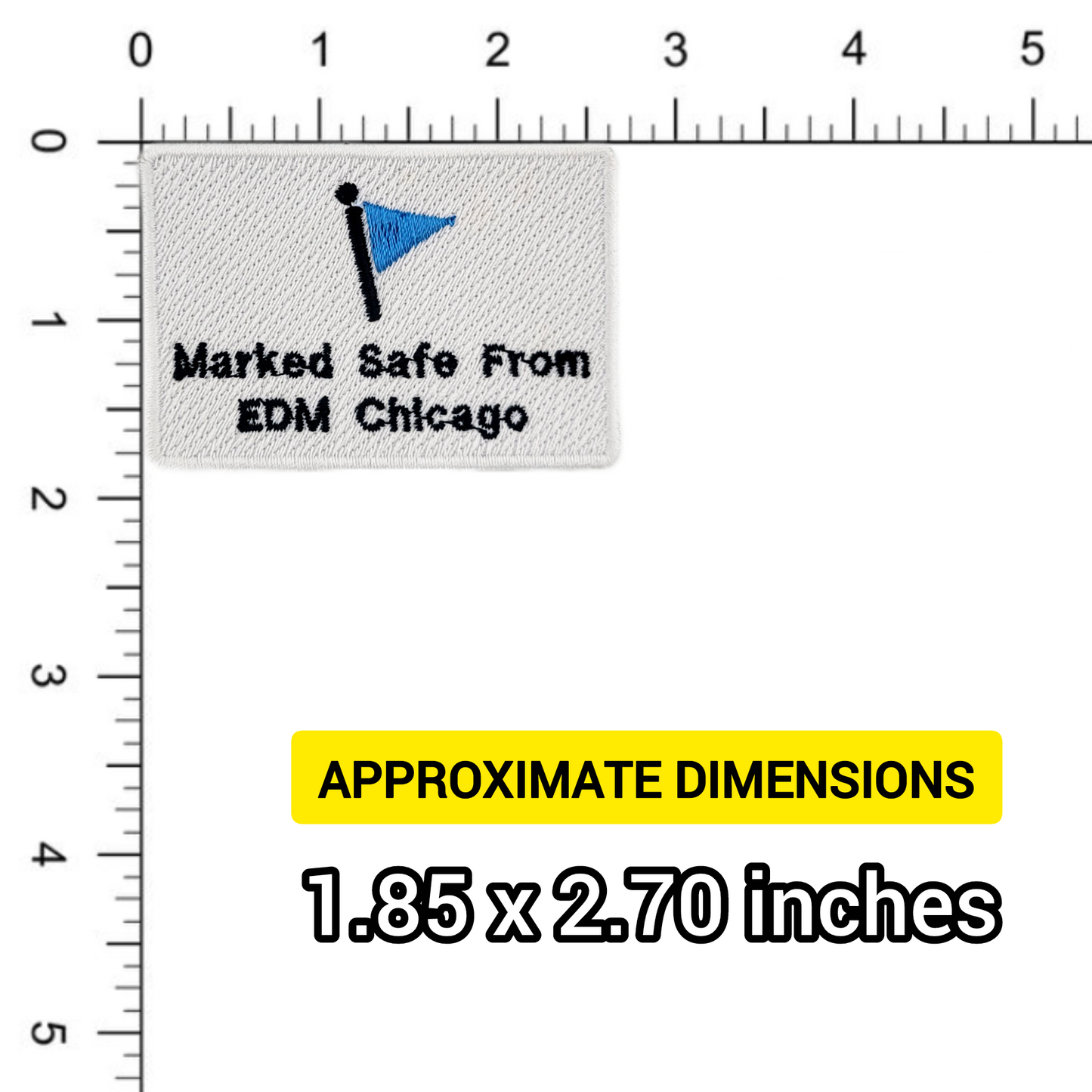 Textile label with 'Marked Safe From EDM Chicago' on a white background with measurement scale.