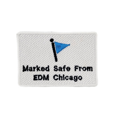 Embroidered patch with blue flag and text 'Marked Safe From EDM Chicago' on a white background