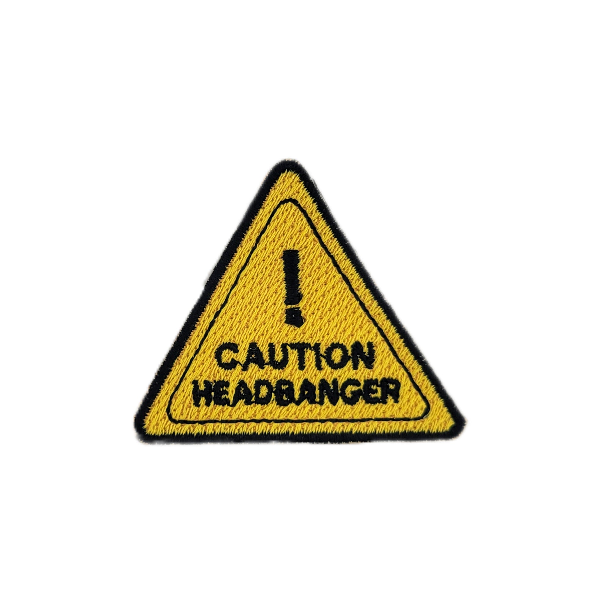 Triangular warning sign patch with 'Caution Headbanger' text on a white background
