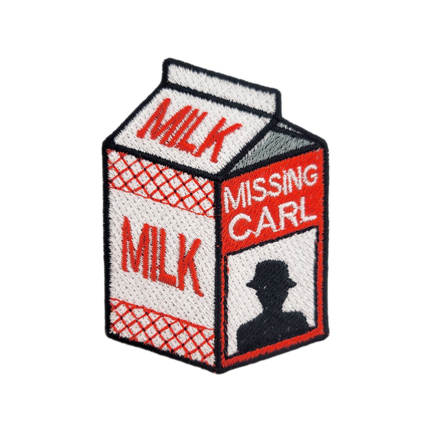 Patch designed like a milk carton with 'Missing Carl' text and silhouette on a white background