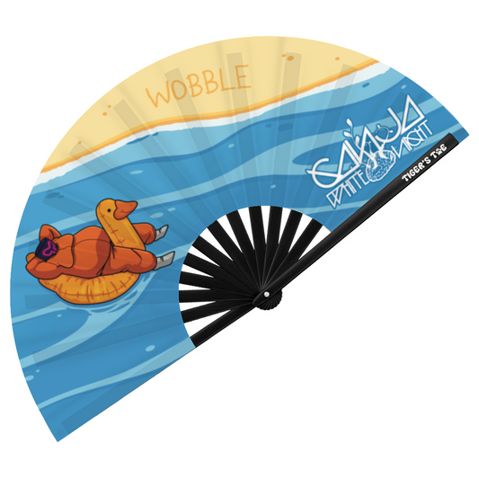 Hand fan with cartoon character and text on a blue background