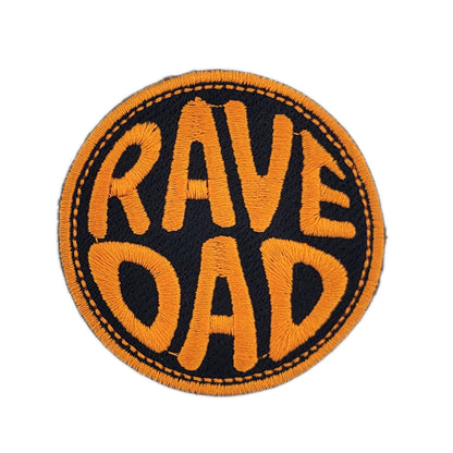 Round patch with 'RAVE DAD' text in orange on a black background