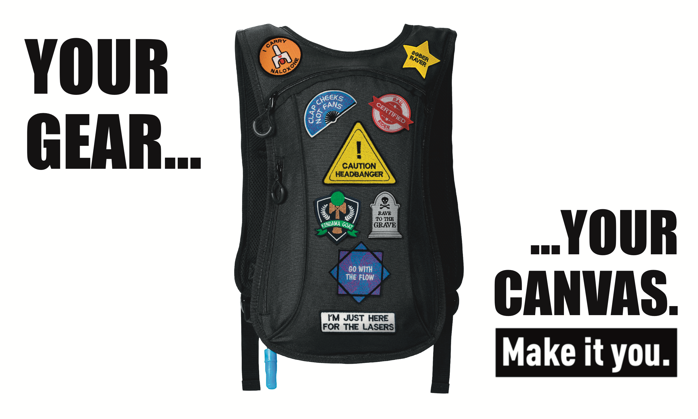 Black backpack with various patches on a white background