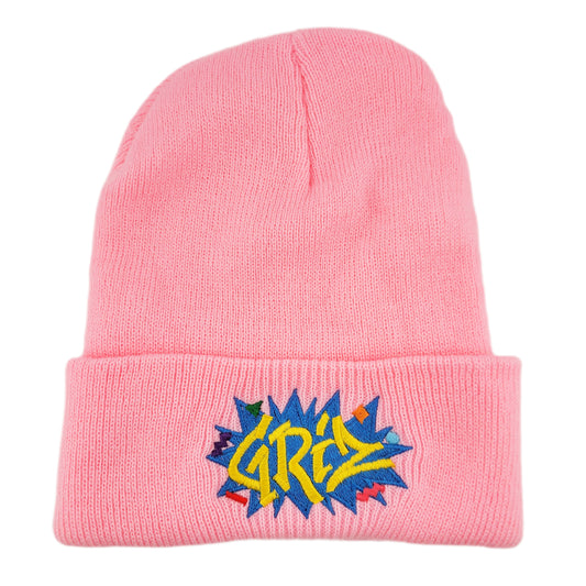Pink beanie with colorful 'GRIZ' embroidery on a white background