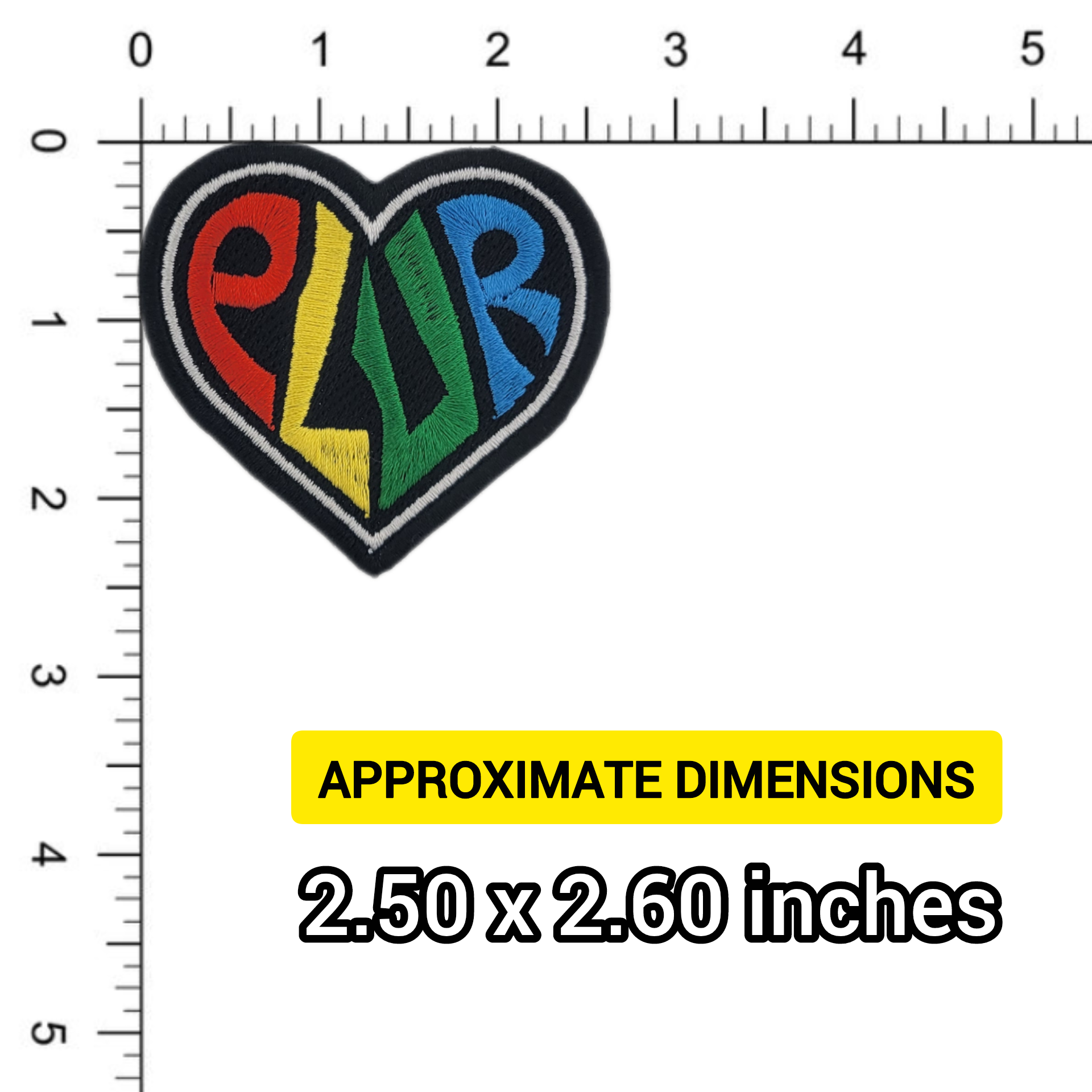 Heart-shaped patch with colorful letters 'PLUR' on a ruler for scale, showing dimensions 2.50 x 2.60 inches.