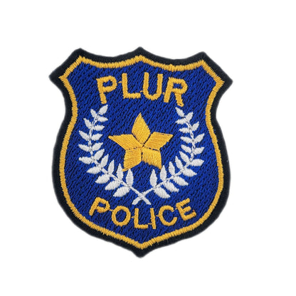 Police badge patch with 'PLUR POLICE' text on a blue background