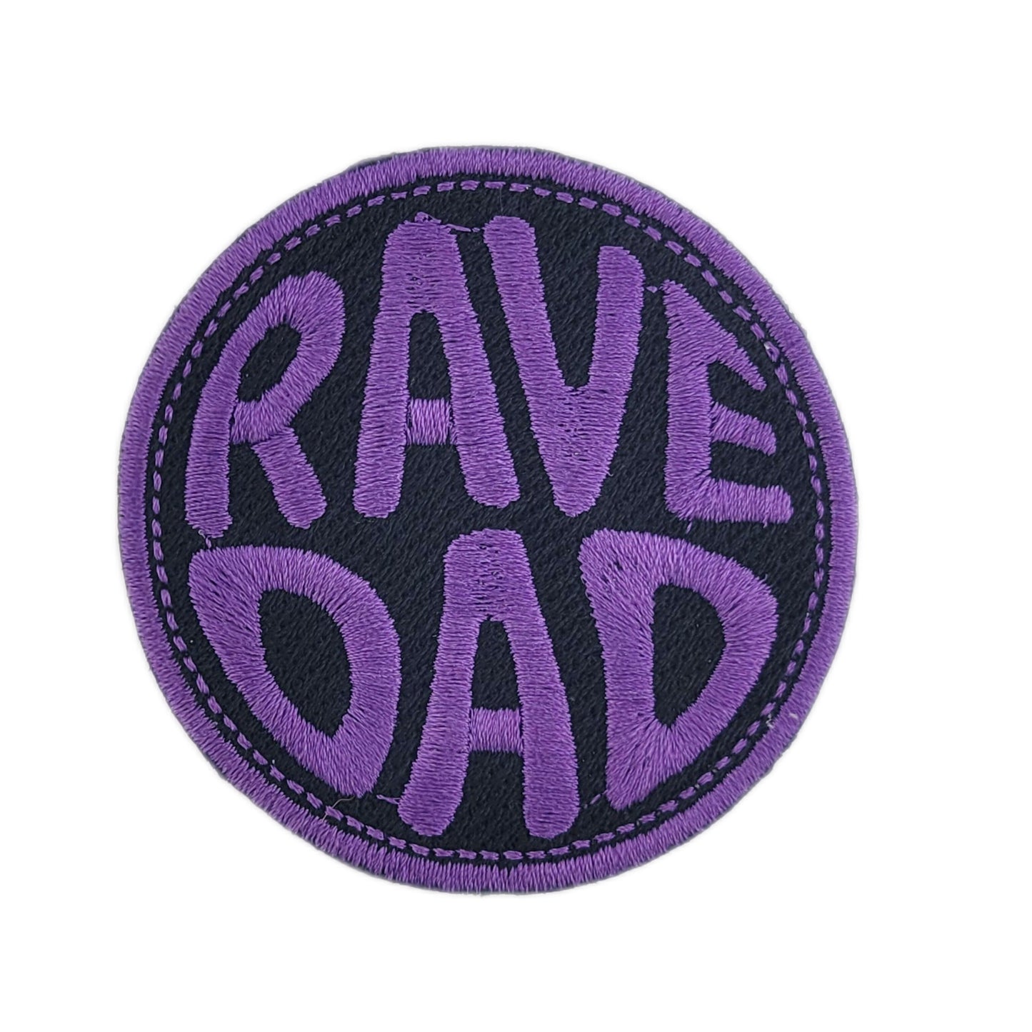Circular patch with 'RAVE DAD' text in purple on a black background